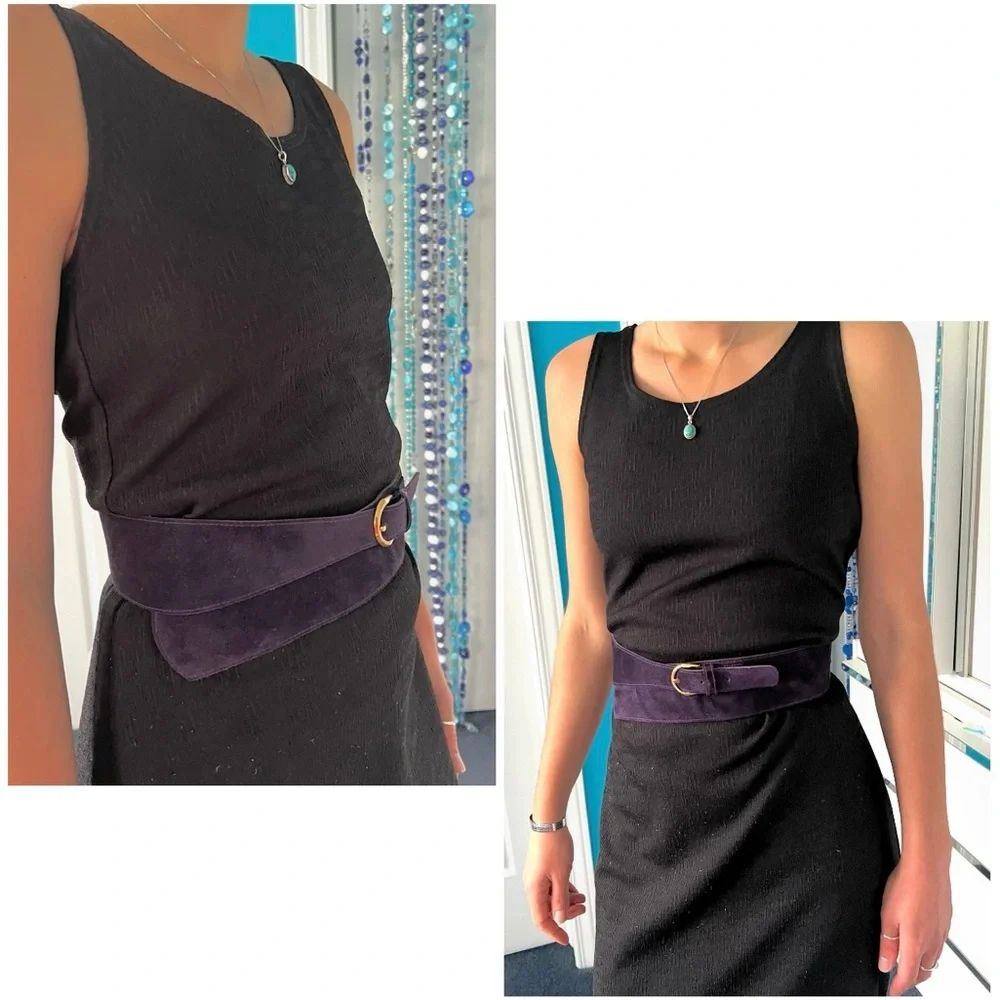 🎁 Vintage Leather Belt 1983 French | Deep Purple Suede | Asymmetrical Detail New - Picture 16 of 16
